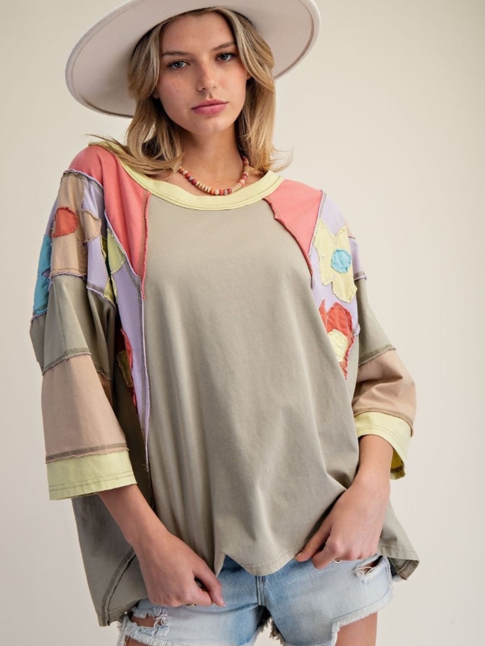 NEW EASEL PATCHWORK DAISY FLORAL DETAILING MINERAL WASHED TOP SHIRT PULLOVER - Picture 8 of 10